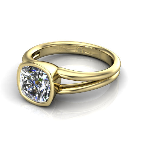 Emersyn cushion-cut classic engagement ring in 14K Yellow Gold, three-quarter perspective showing the bezel-set cushion-cut center diamond and split shank