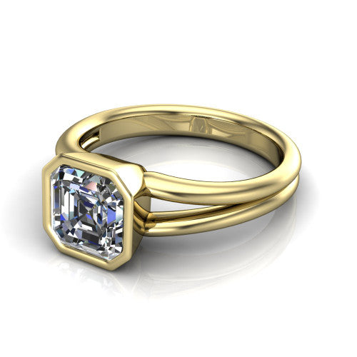 Emersyn square emerald-cut classic engagement ring in 18K Yellow Gold, three-quarter perspective showing the bezel-set square emerald-cut center diamond and split shank