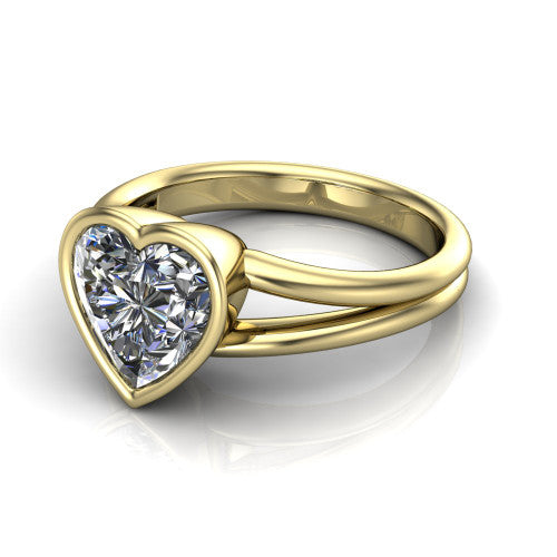 Emersyn heart-shaped classic engagement ring in 14K Yellow Gold, three-quarter perspective showing the bezel-set heart-shaped center diamond and split shank