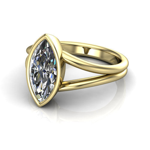 Emersyn marquise-cut classic engagement ring in 14K Yellow Gold, three-quarter perspective showing the bezel-set marquise-cut center diamond and split shank