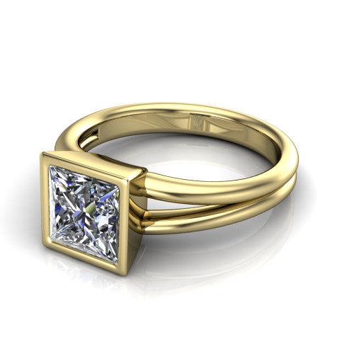 Emersyn princess-cut classic engagement ring in 14K Yellow Gold, three-quarter perspective showing the bezel-set princess-cut center diamond and split shank