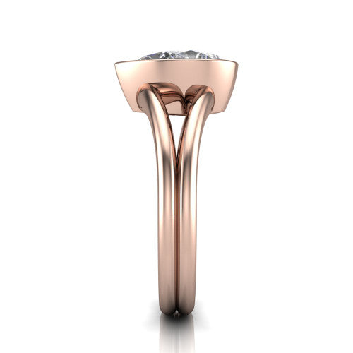 Emersyn pear-shaped classic engagement ring in 18K Rose Gold, side profile showing the split shank dividing into two rails beneath the bezel