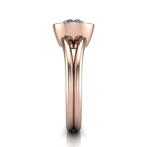 Emersyn round classic engagement ring in 14K Rose Gold, side profile showing the split shank dividing into two rails beneath the bezel