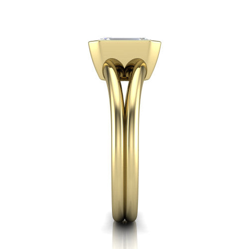 Emersyn emerald-cut classic engagement ring in 14K Yellow Gold, side profile showing the split shank dividing into two rails beneath the bezel