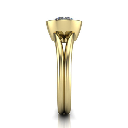 Emersyn round classic engagement ring in 18K Yellow Gold, side profile showing the split shank dividing into two rails beneath the bezel
