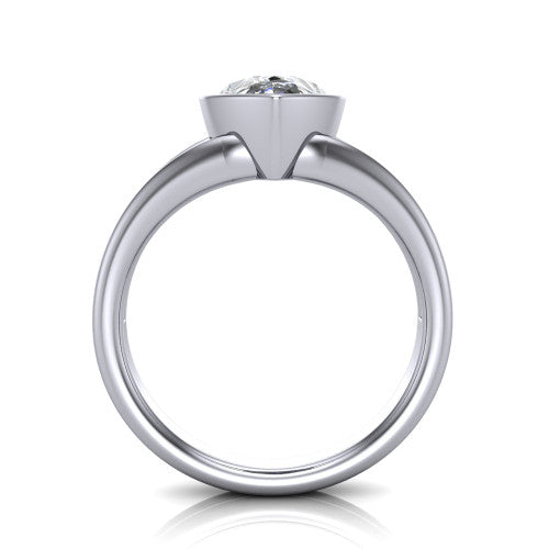 Emersyn pear-shaped classic engagement ring in 18K White Gold, through-finger front profile showing the full bezel setting and open gallery