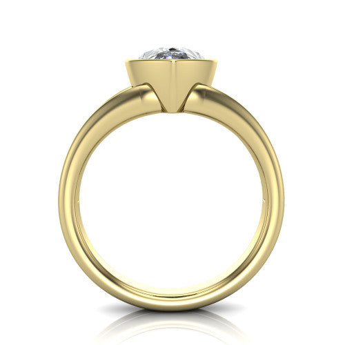 Emersyn pear-shaped classic engagement ring in 18K Yellow Gold, through-finger front profile showing the full bezel setting and open gallery