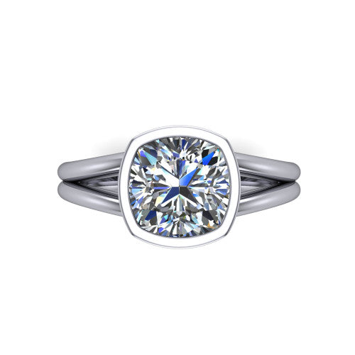Emersyn cushion-cut classic engagement ring in 14K White Gold, top-down view showing the bezel-set cushion-cut center diamond and the split double-band shank