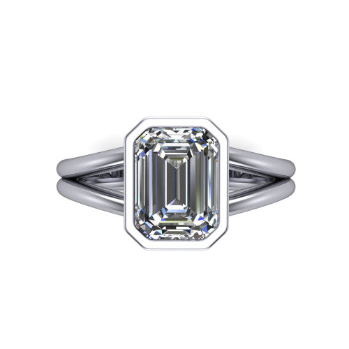 Emersyn emerald-cut classic engagement ring in Platinum, top-down view showing the bezel-set emerald-cut center diamond and the split double-band shank
