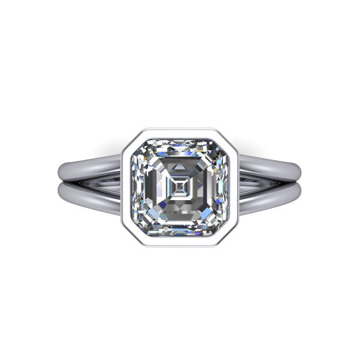 Emersyn square emerald-cut classic engagement ring in 14K White Gold, top-down view showing the bezel-set square emerald-cut center diamond and the split double-band shank