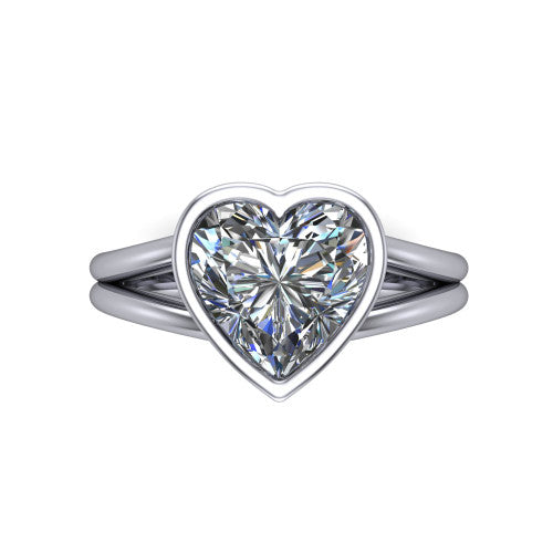 Emersyn heart-shaped classic engagement ring in 18K White Gold, top-down view showing the bezel-set heart-shaped center diamond and the split double-band shank