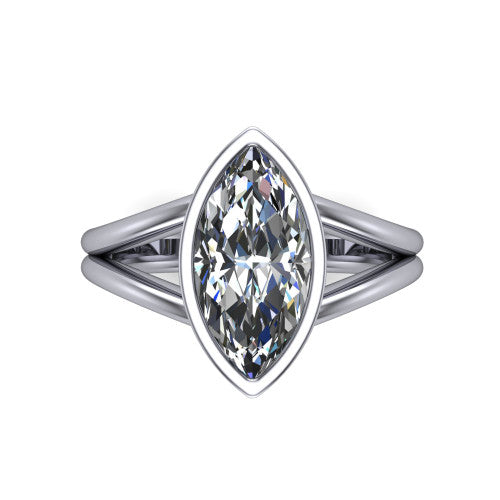 Emersyn marquise-cut classic engagement ring in Platinum, top-down view showing the bezel-set marquise-cut center diamond and the split double-band shank