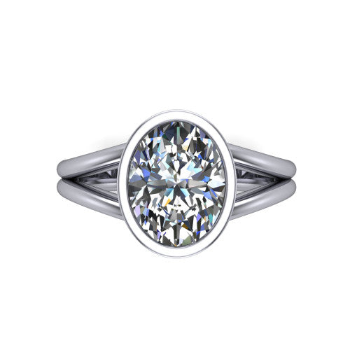 Emersyn oval classic engagement ring in 18K White Gold, top-down view showing the bezel-set oval center diamond and the split double-band shank