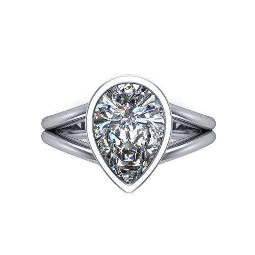 Emersyn pear-shaped classic engagement ring in Platinum, top-down view showing the bezel-set pear-shaped center diamond and the split double-band shank