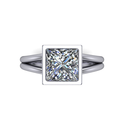 Emersyn princess-cut classic engagement ring in Platinum, top-down view showing the bezel-set princess-cut center diamond and the split double-band shank