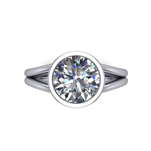 Emersyn round classic engagement ring in 18K White Gold, top-down view showing the bezel-set round center diamond and the split double-band shank