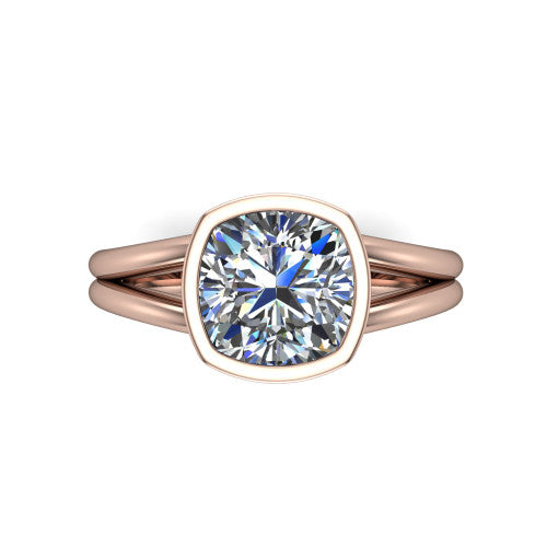 Emersyn cushion-cut classic engagement ring in 18K Rose Gold, top-down view showing the bezel-set cushion-cut center diamond and the split double-band shank