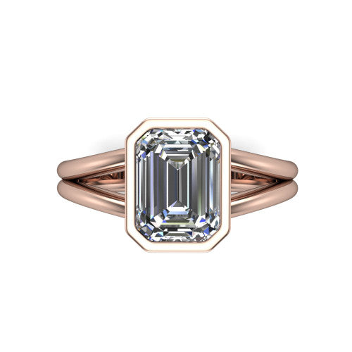 Emersyn emerald-cut classic engagement ring in 14K Rose Gold, top-down view showing the bezel-set emerald-cut center diamond and the split double-band shank