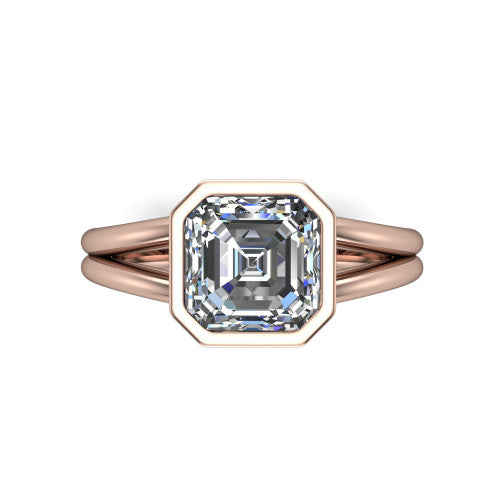 Emersyn square emerald-cut classic engagement ring in 14K Rose Gold, top-down view showing the bezel-set square emerald-cut center diamond and the split double-band shank