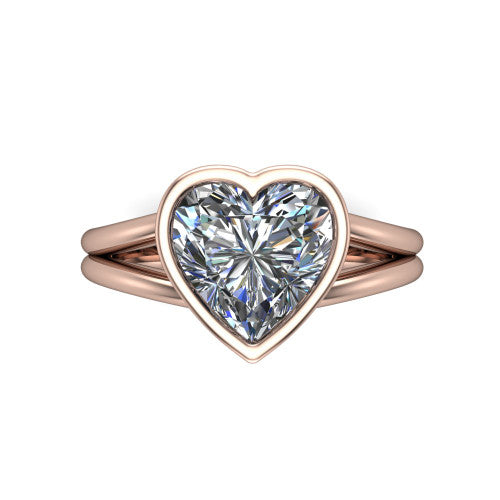 Emersyn heart-shaped classic engagement ring in 18K Rose Gold, top-down view showing the bezel-set heart-shaped center diamond and the split double-band shank