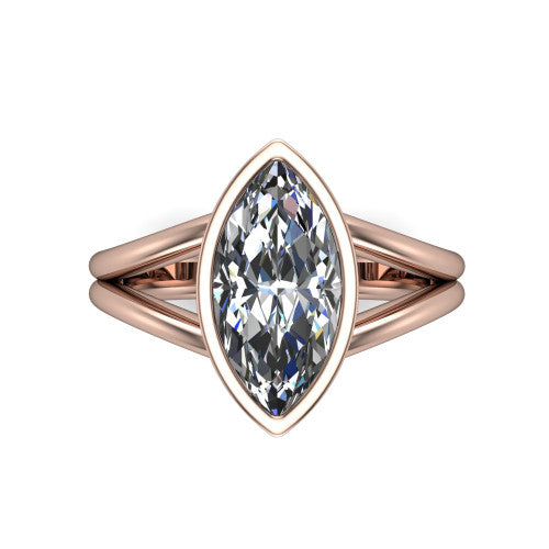 Emersyn marquise-cut classic engagement ring in 18K Rose Gold, top-down view showing the bezel-set marquise-cut center diamond and the split double-band shank