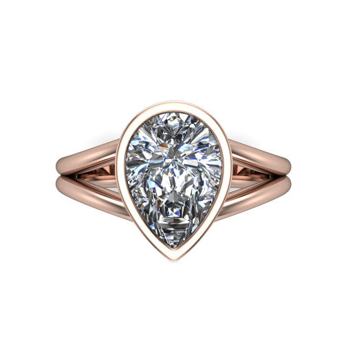 Emersyn pear-shaped classic engagement ring in 14K Rose Gold, top-down view showing the bezel-set pear-shaped center diamond and the split double-band shank