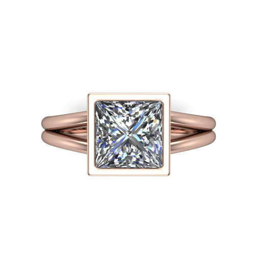 Emersyn princess-cut classic engagement ring in 18K Rose Gold, top-down view showing the bezel-set princess-cut center diamond and the split double-band shank