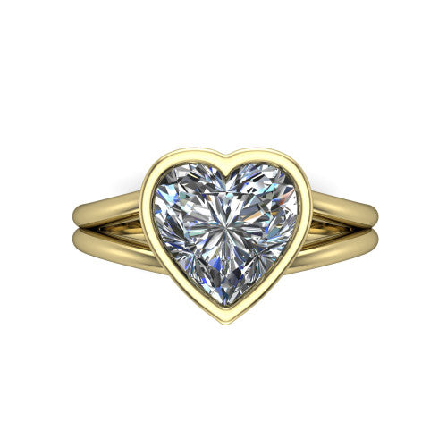Emersyn heart-shaped classic engagement ring in 14K Yellow Gold, top-down view showing the bezel-set heart-shaped center diamond and the split double-band shank