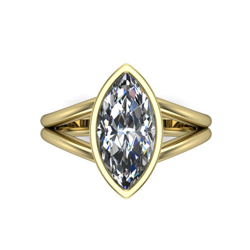 Emersyn marquise-cut classic engagement ring in 18K Yellow Gold, top-down view showing the bezel-set marquise-cut center diamond and the split double-band shank