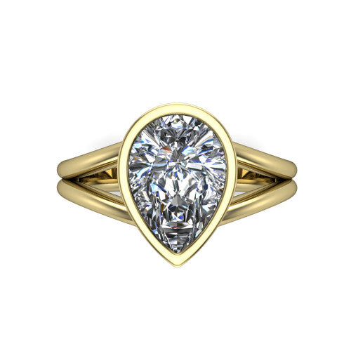 Emersyn pear-shaped classic engagement ring in 14K Yellow Gold, top-down view showing the bezel-set pear-shaped center diamond and the split double-band shank