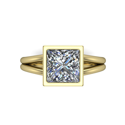 Emersyn princess-cut classic engagement ring in 18K Yellow Gold, top-down view showing the bezel-set princess-cut center diamond and the split double-band shank