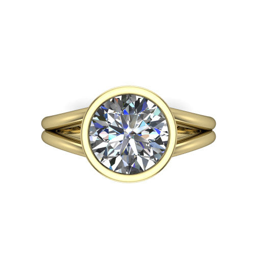 Emersyn round classic engagement ring in 14K Yellow Gold, top-down view showing the bezel-set round center diamond and the split double-band shank