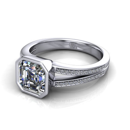 Kaia square emerald-cut classic engagement ring in 14K White Gold, three-quarter perspective showing the square emerald-cut center diamond in a full bezel above a split pave band