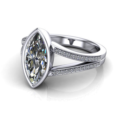 Kaia marquise classic engagement ring in 18K White Gold, three-quarter perspective showing the marquise center diamond in a full bezel above a split pave band