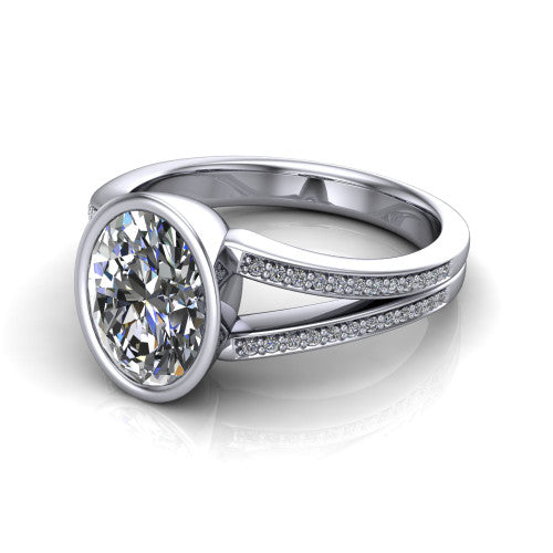 Kaia oval classic engagement ring in 14K White Gold, three-quarter perspective showing the oval center diamond in a full bezel above a split pave band
