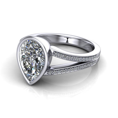 Kaia pear classic engagement ring in 14K White Gold, three-quarter perspective showing the pear center diamond in a full bezel above a split pave band