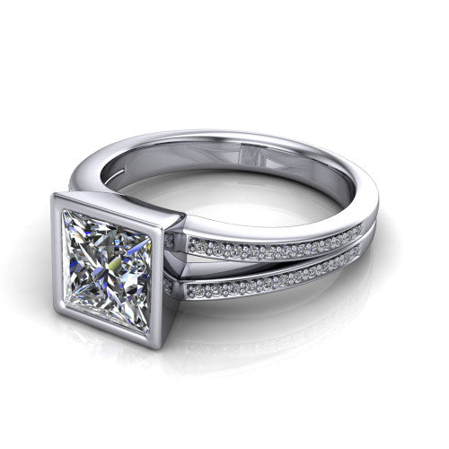 Kaia princess-cut classic engagement ring in 18K White Gold, three-quarter perspective showing the princess-cut center diamond in a full bezel above a split pave band