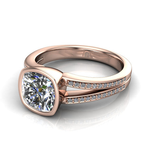 Kaia cushion classic engagement ring in 18K Rose Gold, three-quarter perspective showing the cushion center diamond in a full bezel above a split pave band