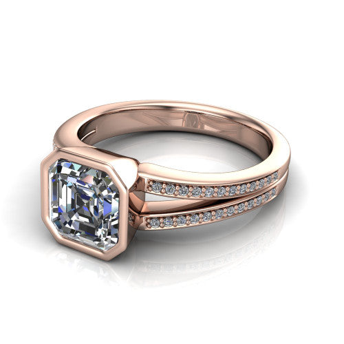 Kaia square emerald-cut classic engagement ring in 14K Rose Gold, three-quarter perspective showing the square emerald-cut center diamond in a full bezel above a split pave band