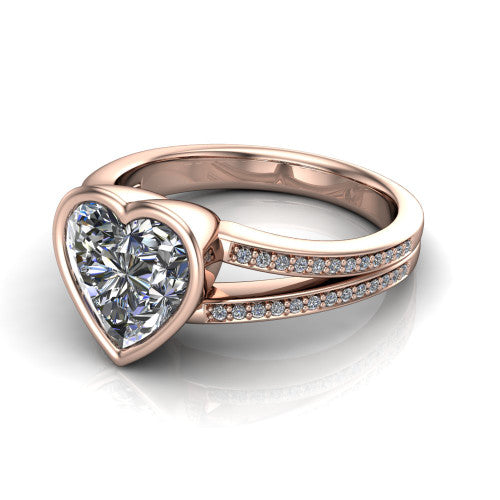 Kaia heart classic engagement ring in 14K Rose Gold, three-quarter perspective showing the heart center diamond in a full bezel above a split pave band