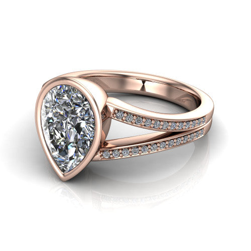Kaia pear classic engagement ring in 18K Rose Gold, three-quarter perspective showing the pear center diamond in a full bezel above a split pave band