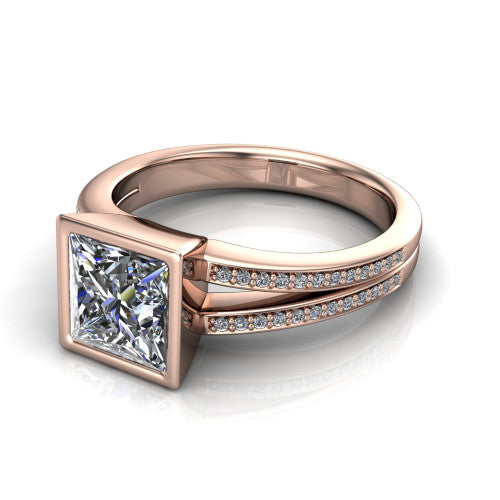Kaia princess-cut classic engagement ring in 14K Rose Gold, three-quarter perspective showing the princess-cut center diamond in a full bezel above a split pave band