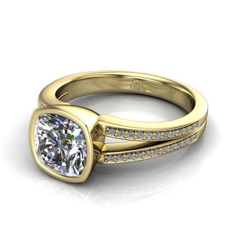 Kaia cushion classic engagement ring in 14K Yellow Gold, three-quarter perspective showing the cushion center diamond in a full bezel above a split pave band