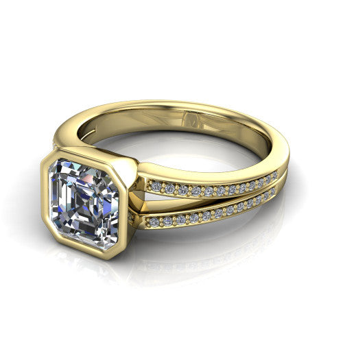 Kaia square emerald-cut classic engagement ring in 14K Yellow Gold, three-quarter perspective showing the square emerald-cut center diamond in a full bezel above a split pave band