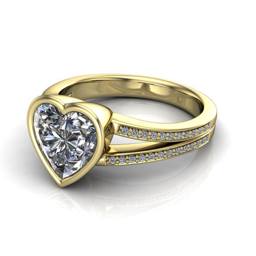 Kaia heart classic engagement ring in 14K Yellow Gold, three-quarter perspective showing the heart center diamond in a full bezel above a split pave band