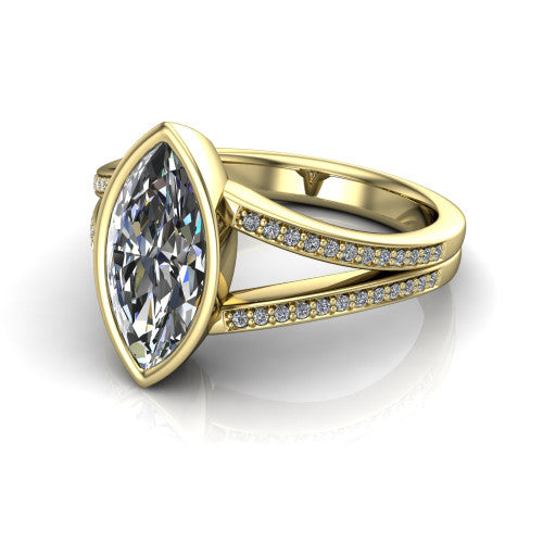 Kaia marquise classic engagement ring in 18K Yellow Gold, three-quarter perspective showing the marquise center diamond in a full bezel above a split pave band