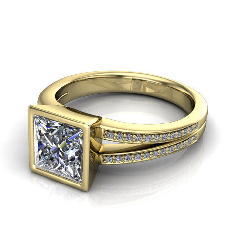 Kaia princess-cut classic engagement ring in 14K Yellow Gold, three-quarter perspective showing the princess-cut center diamond in a full bezel above a split pave band