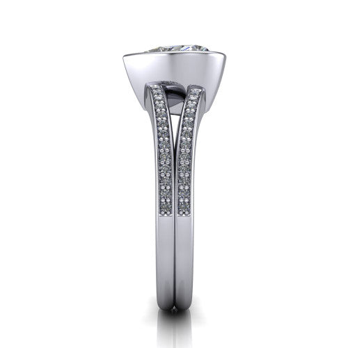 Kaia heart classic engagement ring in 18K White Gold, side profile showing the bezel setting and twin pave rows in side view