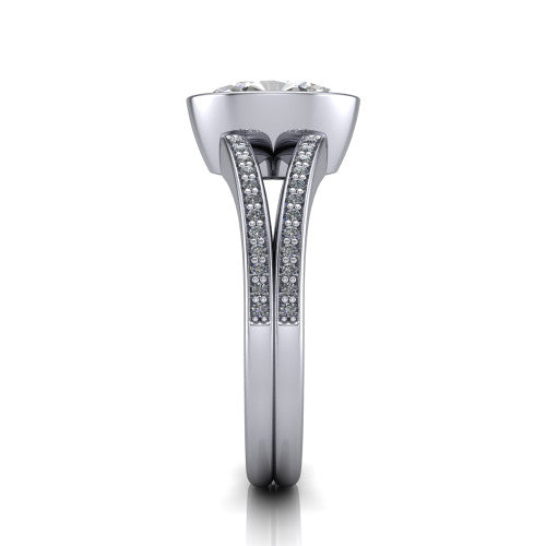 Kaia oval classic engagement ring in 18K White Gold, side profile showing the bezel setting and twin pave rows in side view