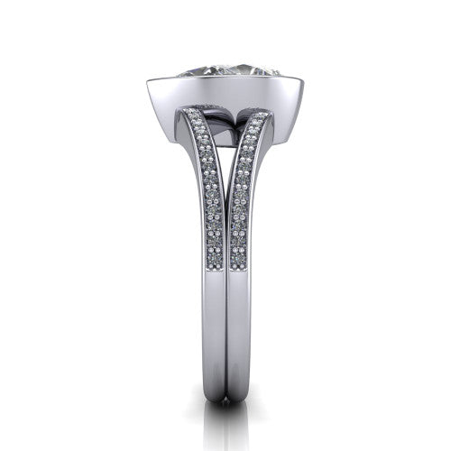 Kaia pear classic engagement ring in 18K White Gold, side profile showing the bezel setting and twin pave rows in side view